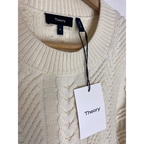 THEORY Oversized Cableknit Cream Cashmere Wool Blend Sweater US MEDIUM NWT $375 - Picture 7 of 9